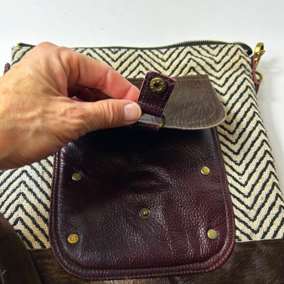 Myra Mixed Media Wine Leather Chevron Fabric Haircalf Shoulder Crossbody Bag - Picture 3 of 13